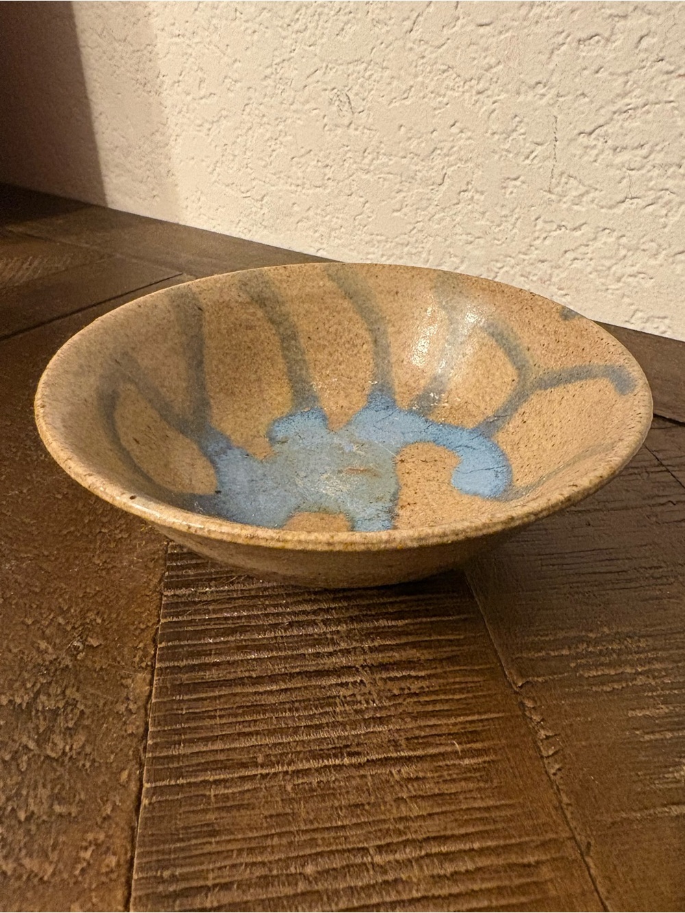 Handcrafted Beige Ceramic Decorative Bowl with Blue Accent